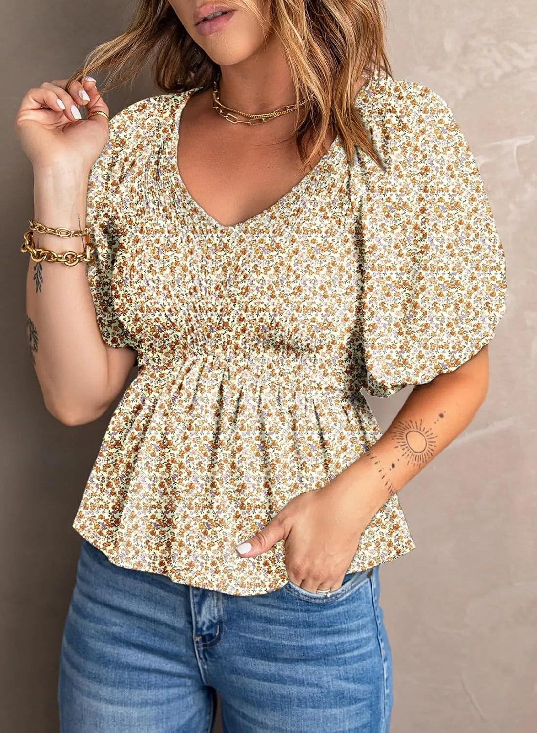 Acelitt Women's Spring Summer Puff Short Sleeve Peplum Top Casual V Neck Smocked Blouses Dressy Shirt