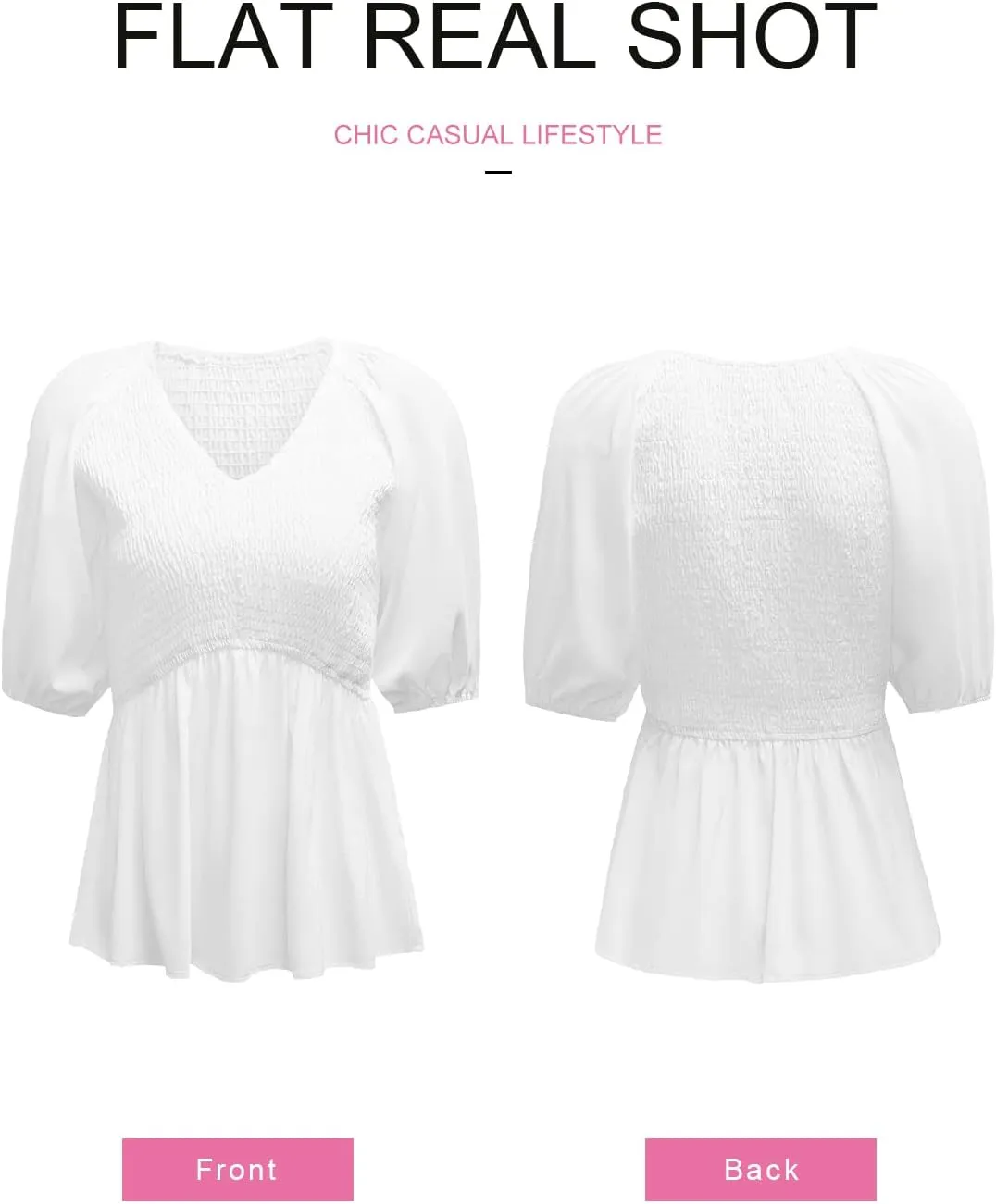 Acelitt Women's Spring Summer Puff Short Sleeve Peplum Top Casual V Neck Smocked Blouses Dressy Shirt