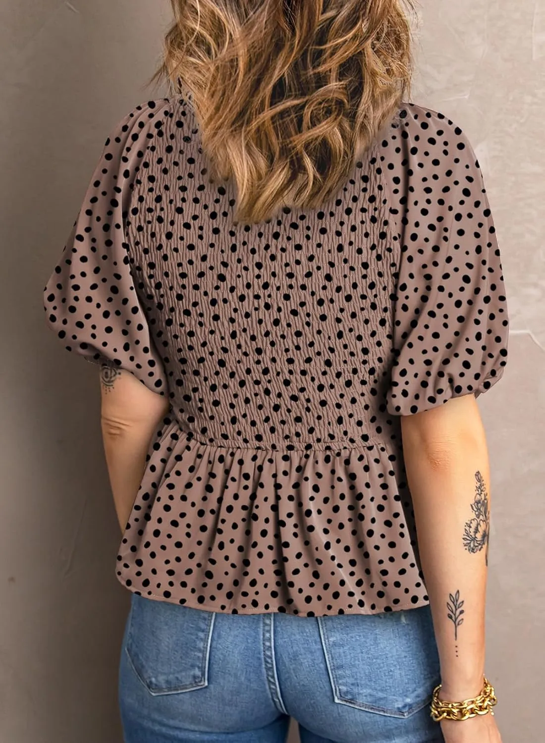 Acelitt Women's Spring Summer Puff Short Sleeve Peplum Top Casual V Neck Smocked Blouses Dressy Shirt