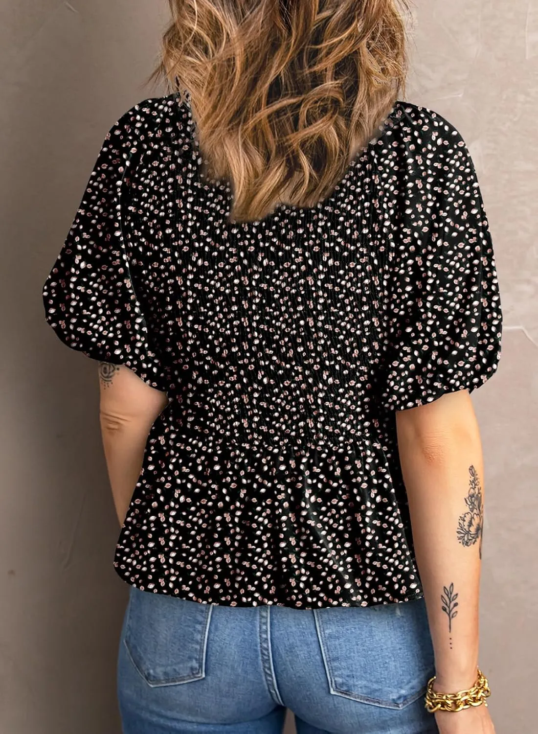 Acelitt Women's Spring Summer Puff Short Sleeve Peplum Top Casual V Neck Smocked Blouses Dressy Shirt