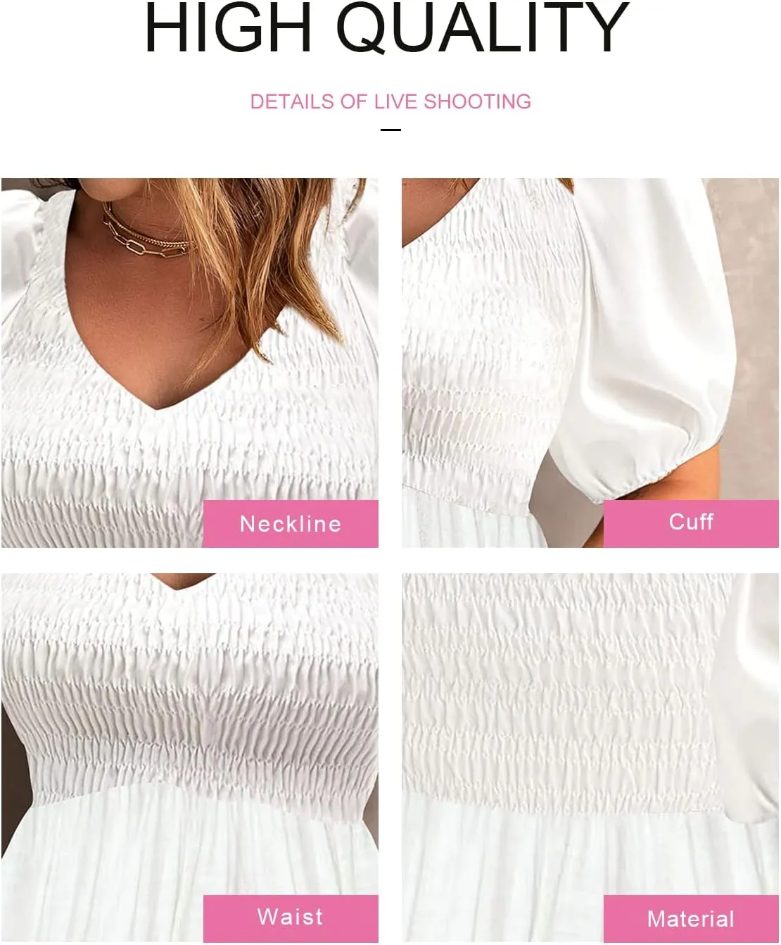 Acelitt Women's Spring Summer Puff Short Sleeve Peplum Top Casual V Neck Smocked Blouses Dressy Shirt