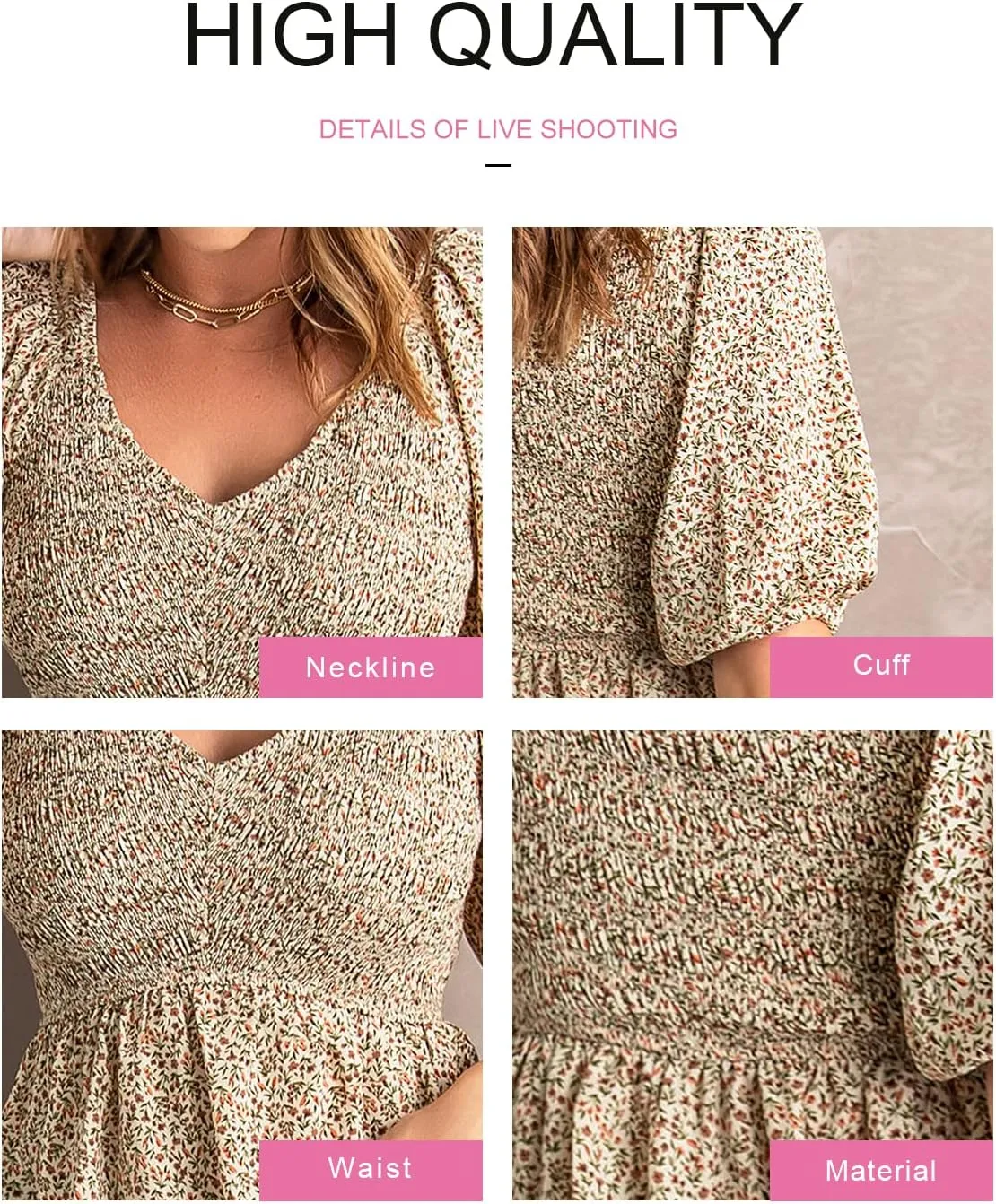 Acelitt Women's Spring Summer Puff Short Sleeve Peplum Top Casual V Neck Smocked Blouses Dressy Shirt