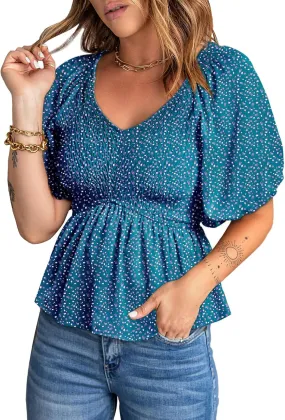Acelitt Women's Spring Summer Puff Short Sleeve Peplum Top Casual V Neck Smocked Blouses Dressy Shirt