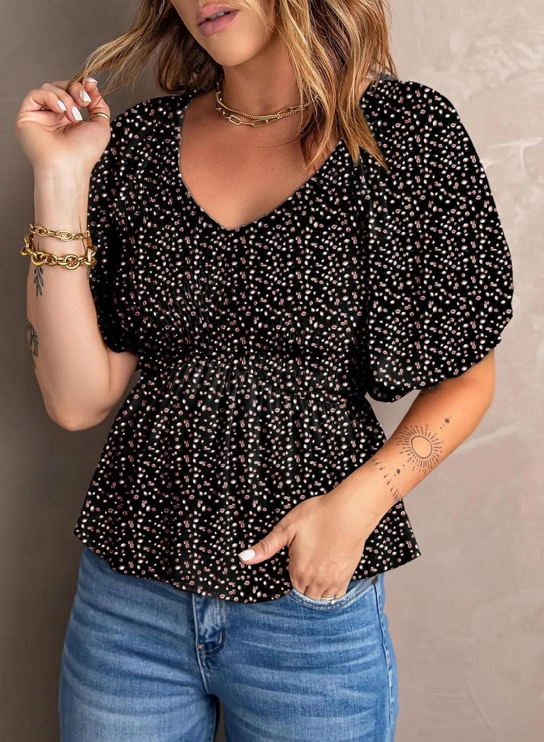 Acelitt Women's Spring Summer Puff Short Sleeve Peplum Top Casual V Neck Smocked Blouses Dressy Shirt