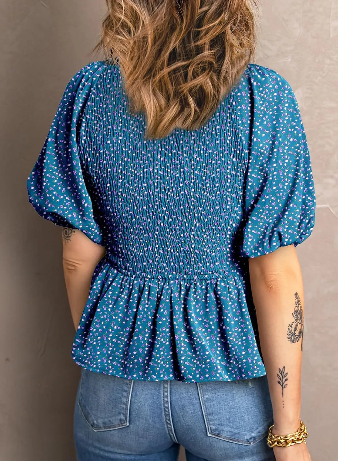 Acelitt Women's Spring Summer Puff Short Sleeve Peplum Top Casual V Neck Smocked Blouses Dressy Shirt