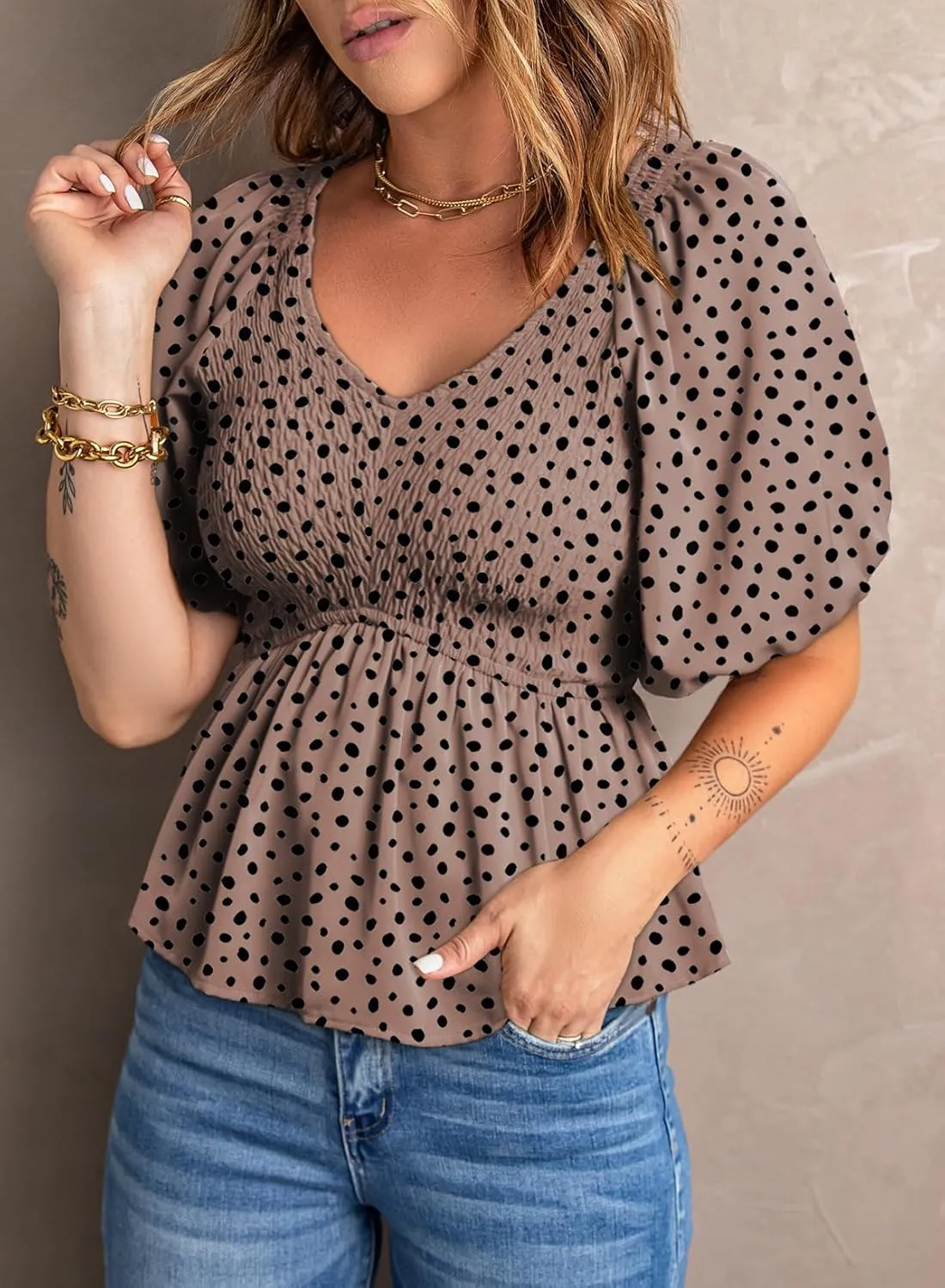 Acelitt Women's Spring Summer Puff Short Sleeve Peplum Top Casual V Neck Smocked Blouses Dressy Shirt