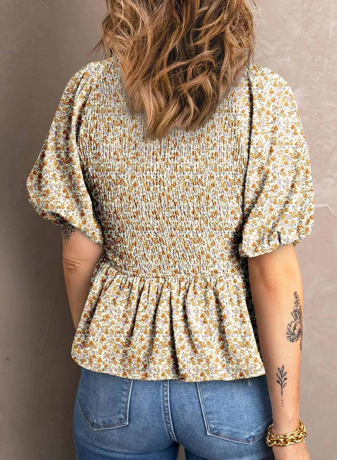 Acelitt Women's Spring Summer Puff Short Sleeve Peplum Top Casual V Neck Smocked Blouses Dressy Shirt