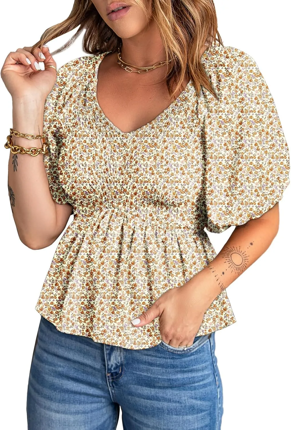 Acelitt Women's Spring Summer Puff Short Sleeve Peplum Top Casual V Neck Smocked Blouses Dressy Shirt