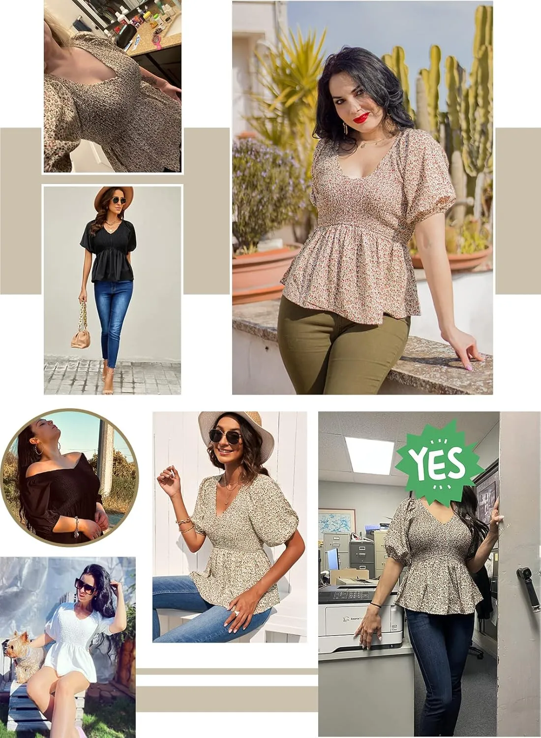 Acelitt Women's Spring Summer Puff Short Sleeve Peplum Top Casual V Neck Smocked Blouses Dressy Shirt