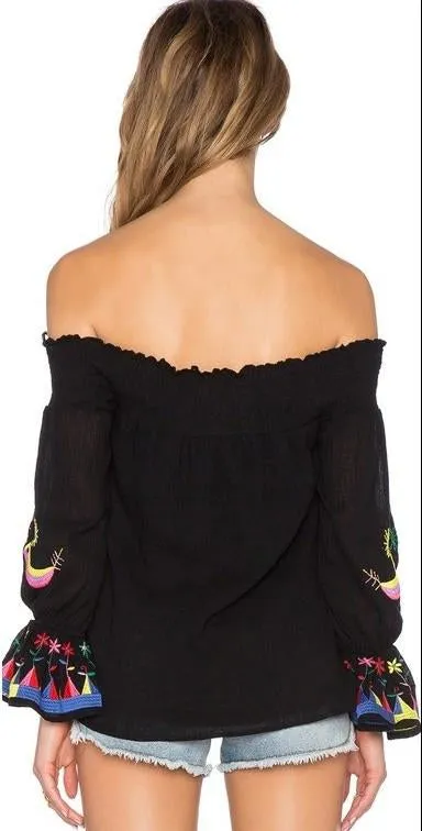 Black Embroidered-Sleeve Off-Shoulder Top