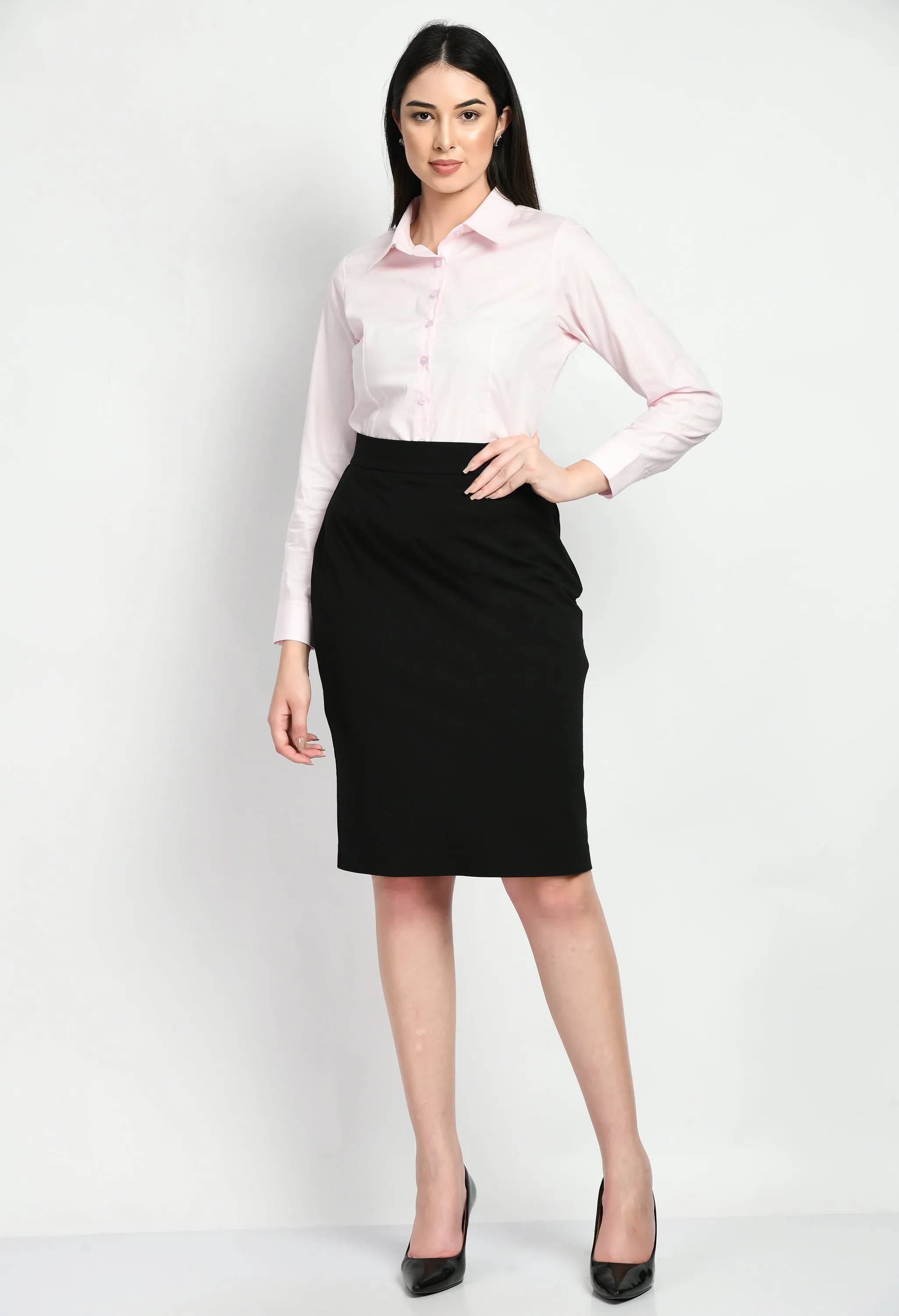 Black Leadership Solid Stretch Pencil Skirt