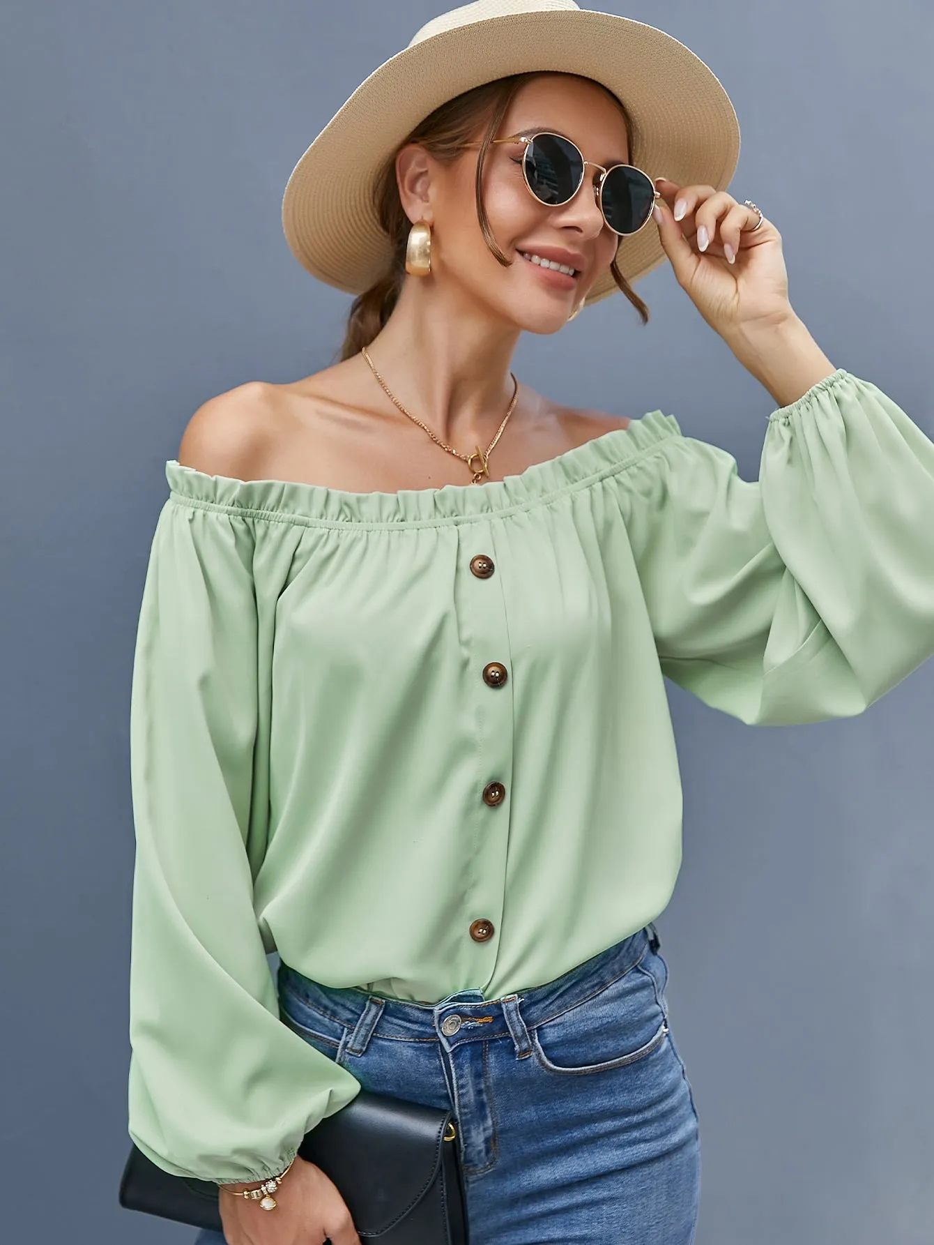 Boho Plain Button Front Long Sleeve Off The Shoulder Regular Blouse