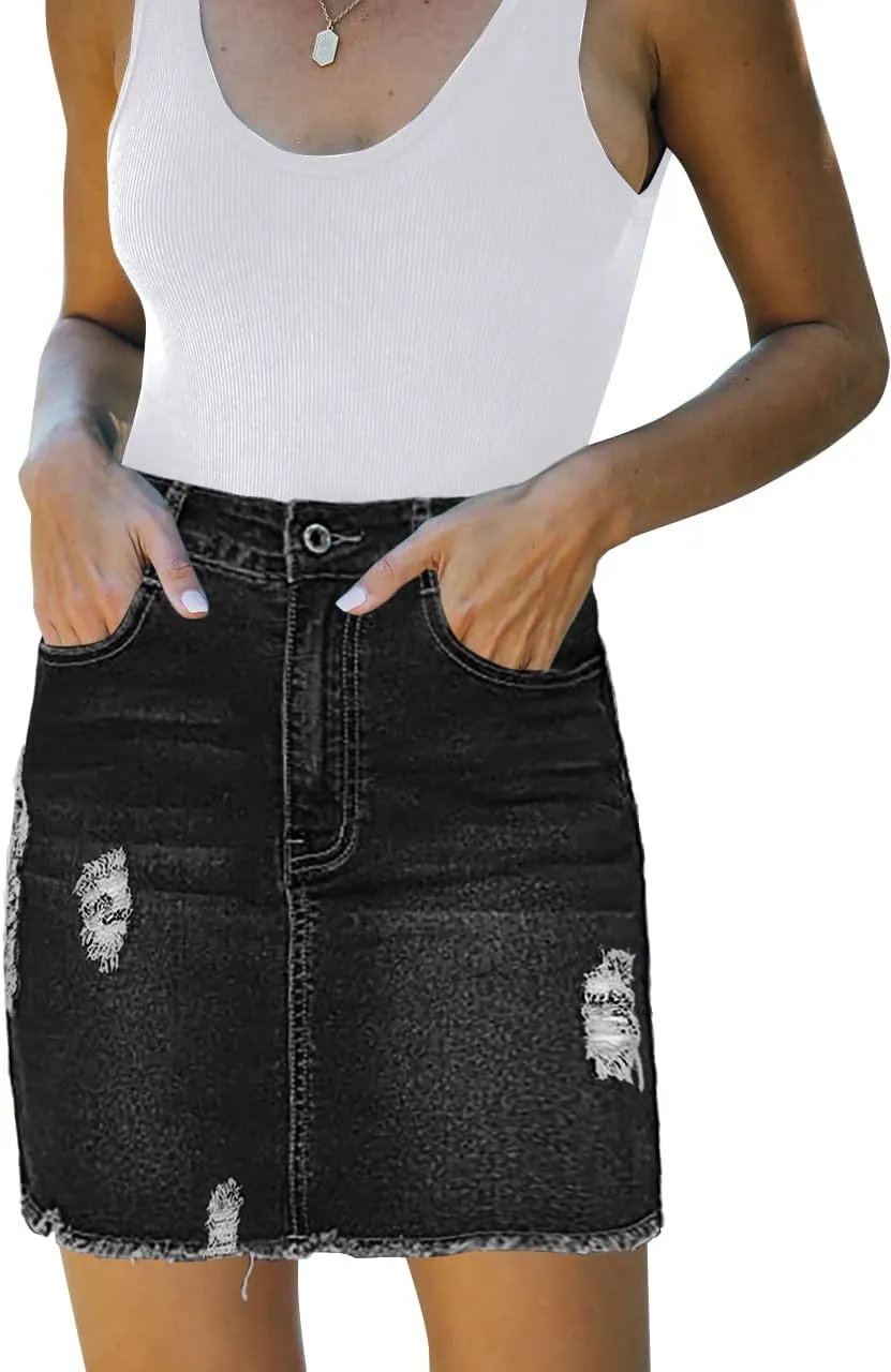 Casual High Waist Jean Skirts for Women Denim Raw Hem Frayed Bodycon Ripped Skirt Stretchy with Pockets