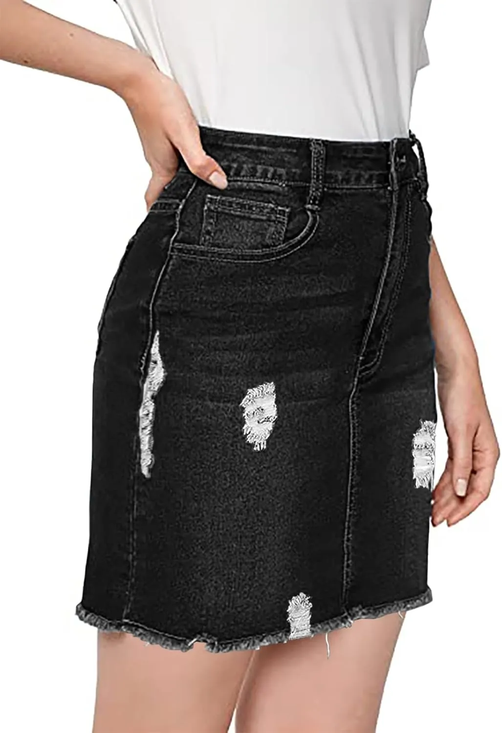 Casual High Waist Jean Skirts for Women Denim Raw Hem Frayed Bodycon Ripped Skirt Stretchy with Pockets