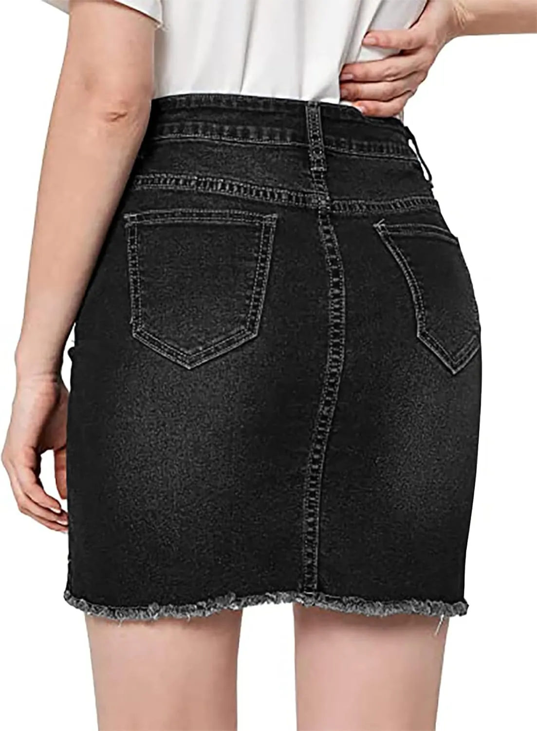 Casual High Waist Jean Skirts for Women Denim Raw Hem Frayed Bodycon Ripped Skirt Stretchy with Pockets