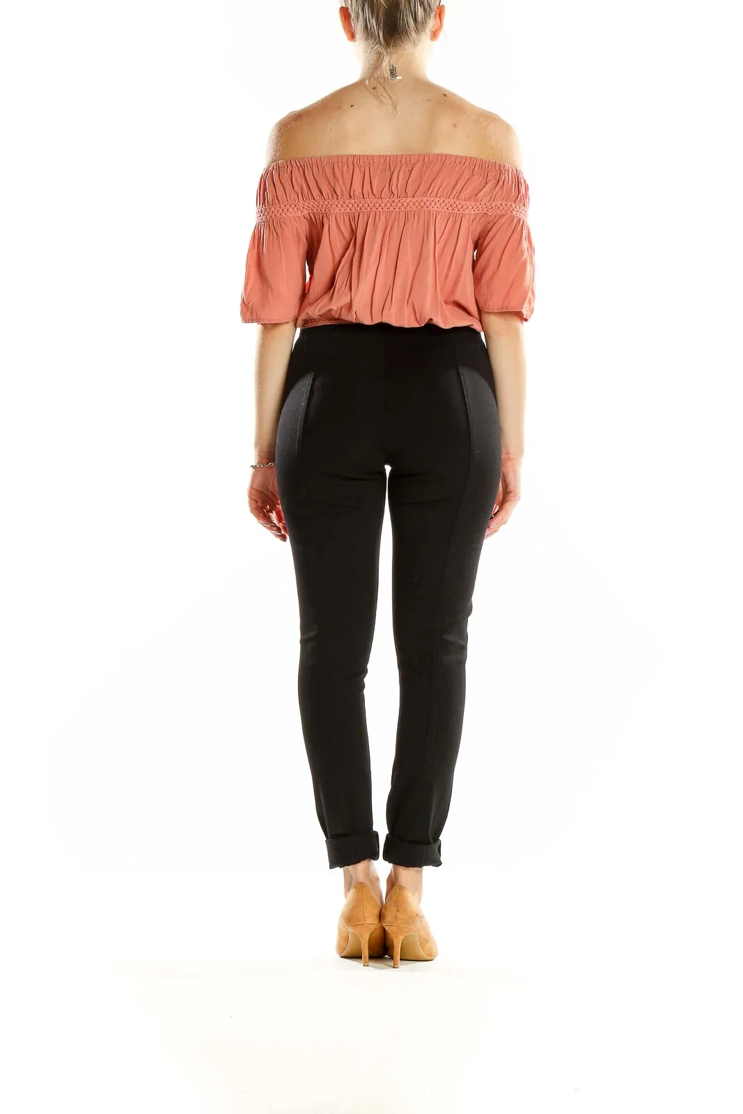 Coral Off-Shoulder Cropped Rayon Top