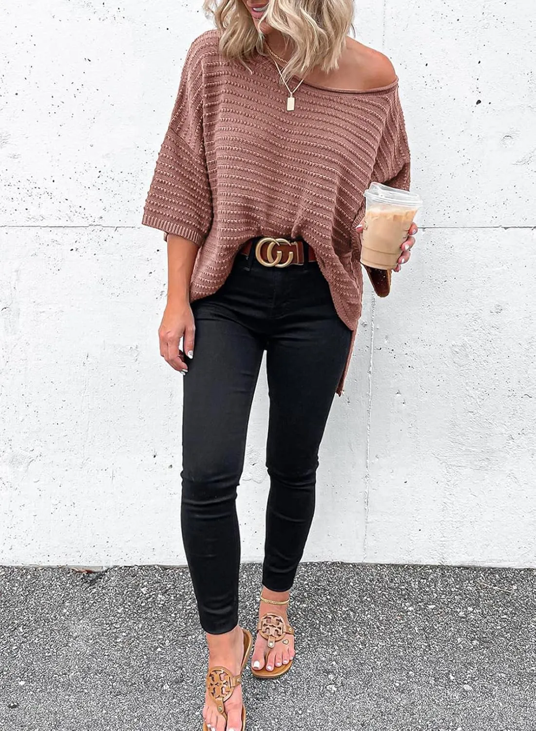 Dokotoo Women's Casual 3/4 Sleeve Loose Tunic Tops Lightweight Knit Fall Pulover Sweater Blouses