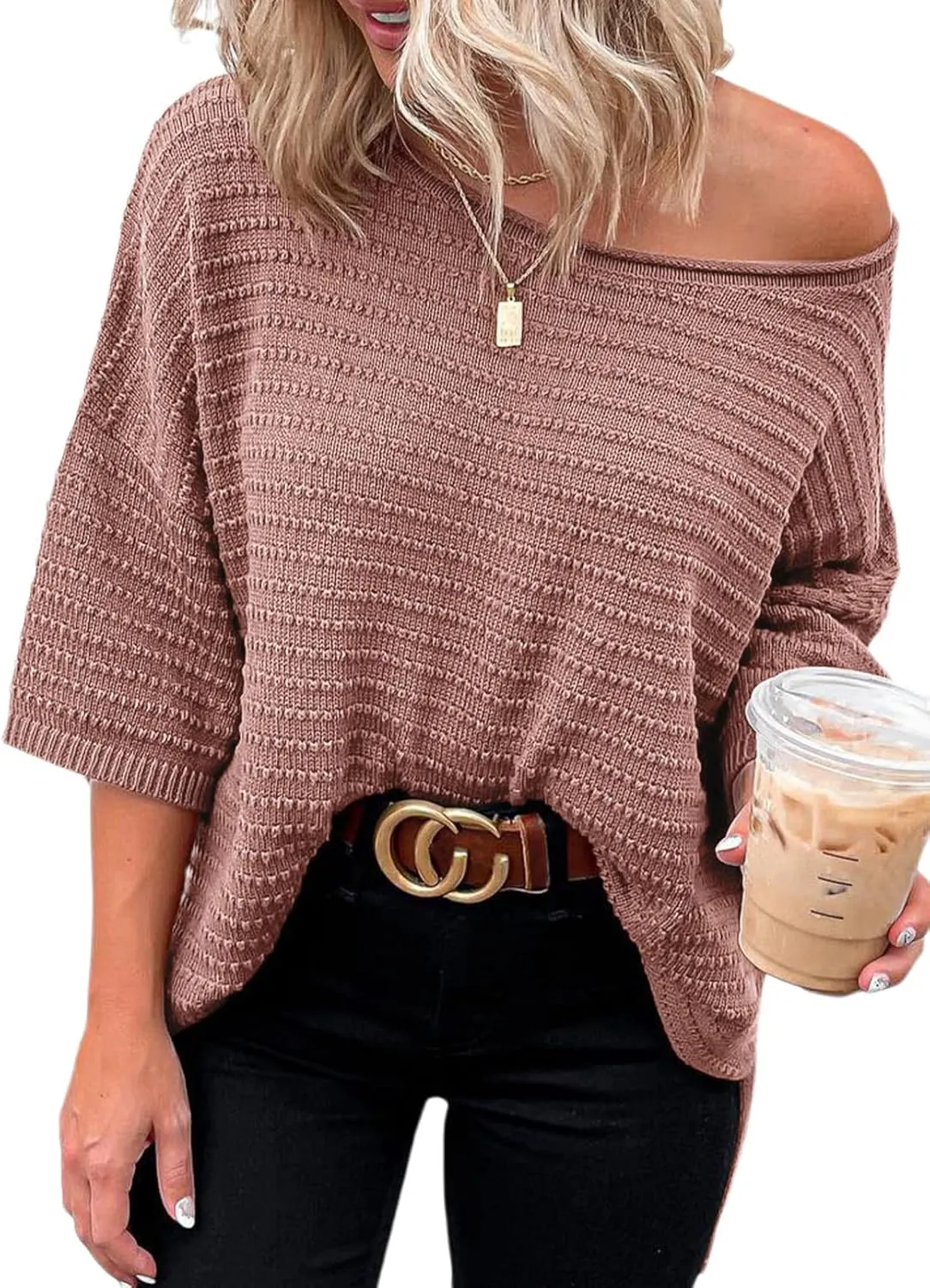 Dokotoo Women's Casual 3/4 Sleeve Loose Tunic Tops Lightweight Knit Fall Pulover Sweater Blouses