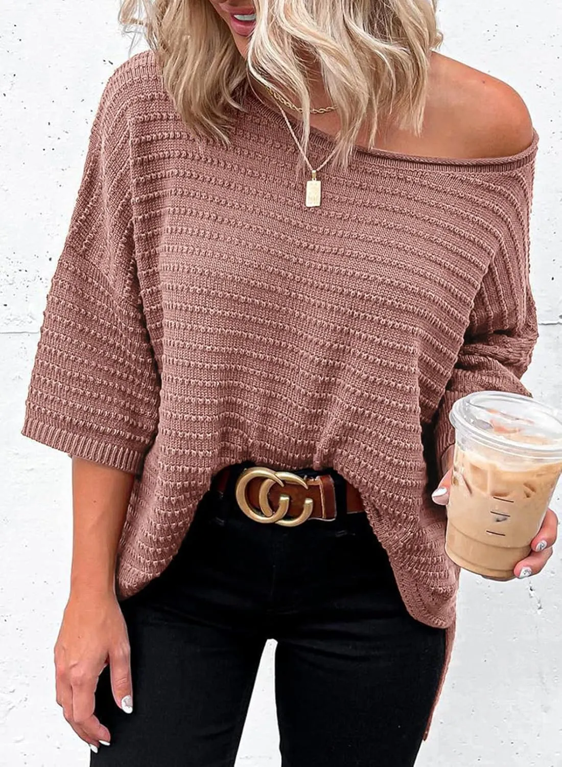 Dokotoo Women's Casual 3/4 Sleeve Loose Tunic Tops Lightweight Knit Fall Pulover Sweater Blouses