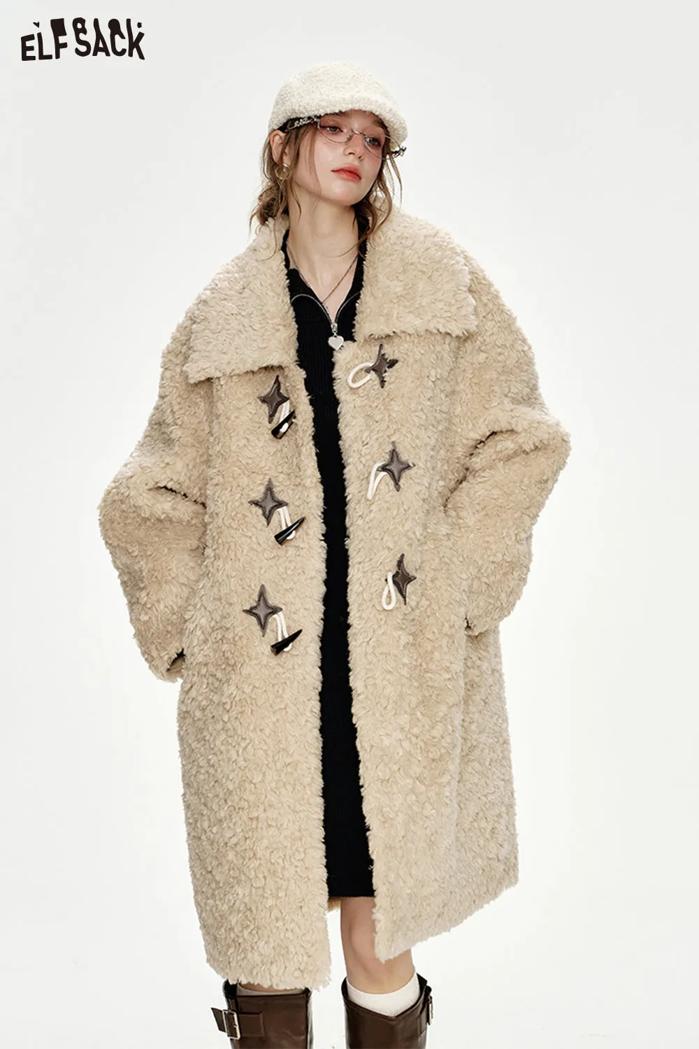 ELFSACK 2024 Winter New Arrivals Vintage Khaki Horn Button Polo Collar Long Thick Coat