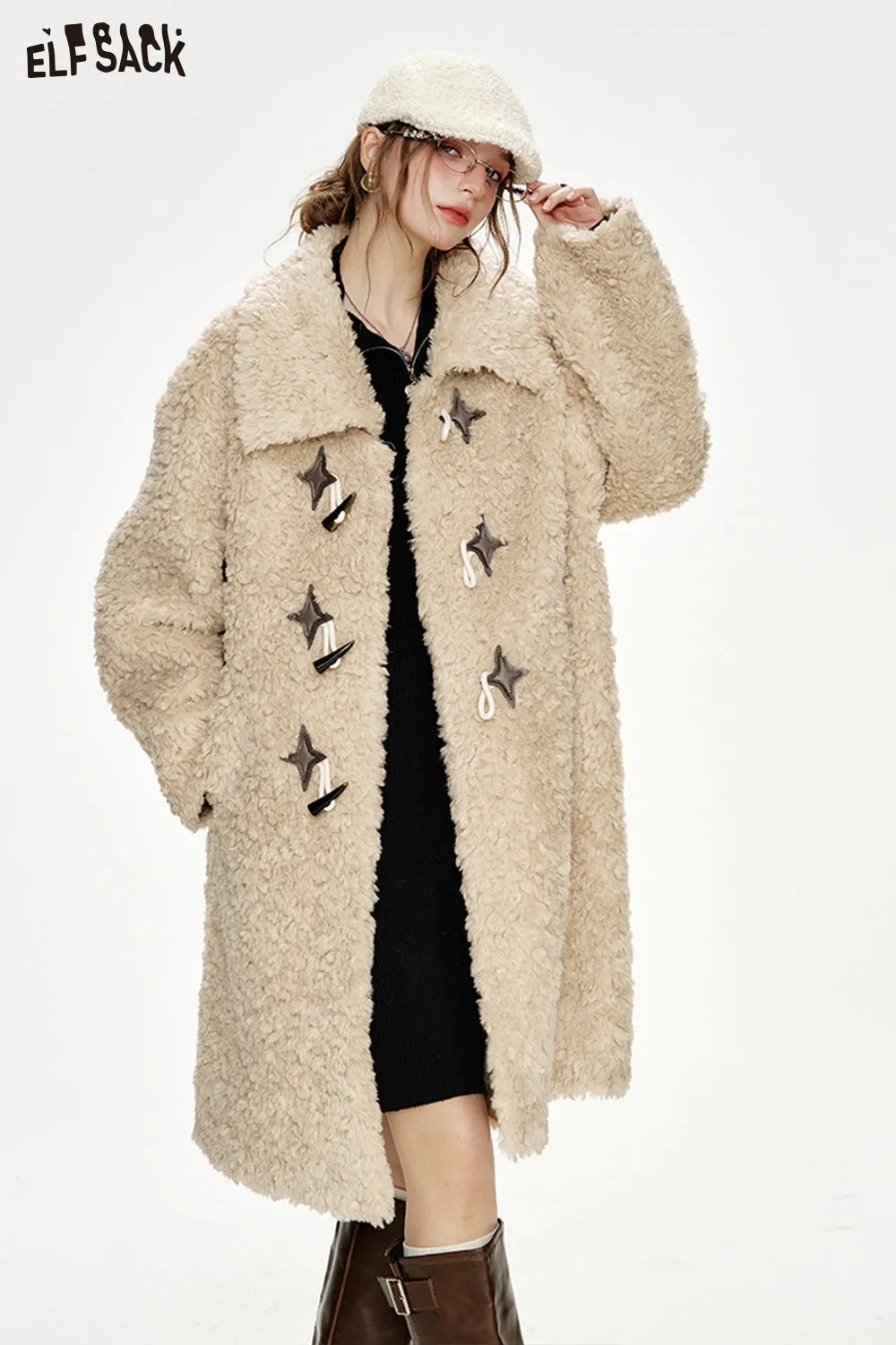 ELFSACK 2024 Winter New Arrivals Vintage Khaki Horn Button Polo Collar Long Thick Coat