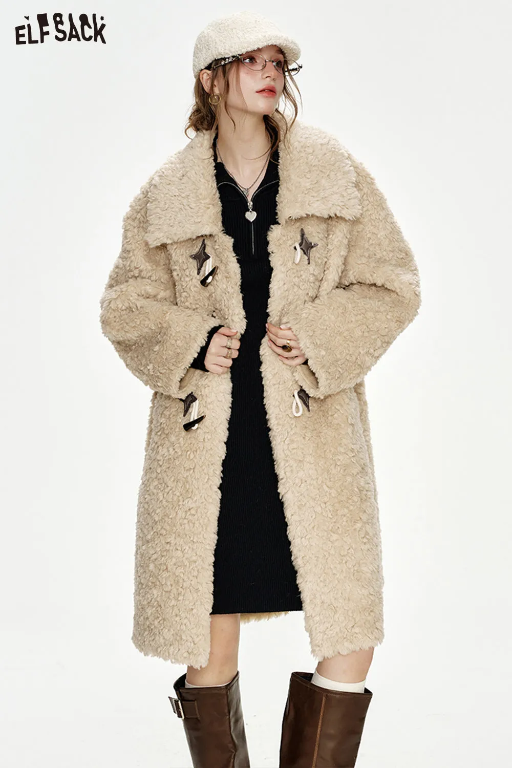 ELFSACK 2024 Winter New Arrivals Vintage Khaki Horn Button Polo Collar Long Thick Coat