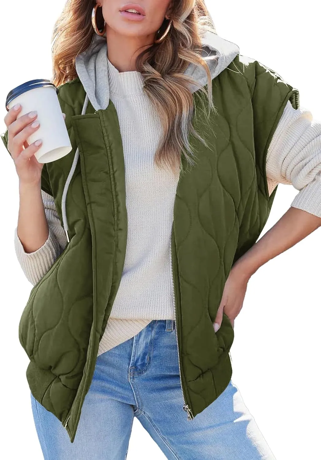 EVALESS Hooded Puffer Vest Women 2024 Zip Up Sleeveless Quilted Vests with Pockets