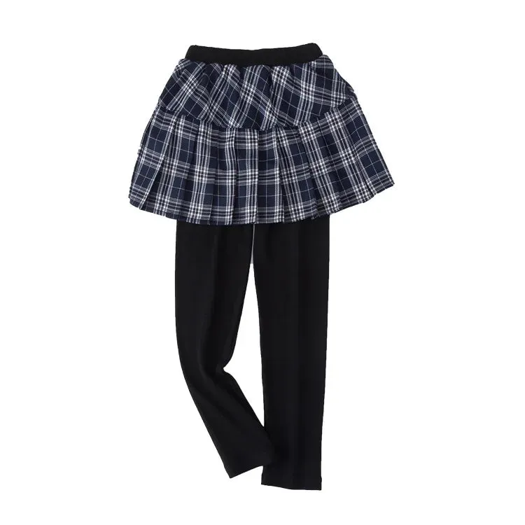 Girls Skirts-Pants Girl Leggings With Skirts Thin Patchwork Pantskirt Girl Plaid Princess Leggings Dance Pants Skirt Trousers
