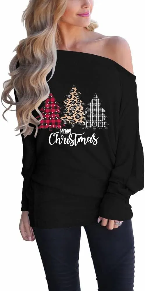 INFITTY Women's Christmas Shirts Off The Shoulder Tops Long Sleeve Graphic Pullover Swertshits Tunic