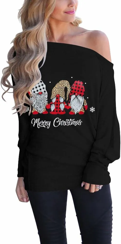 INFITTY Women's Christmas Shirts Off The Shoulder Tops Long Sleeve Graphic Pullover Swertshits Tunic