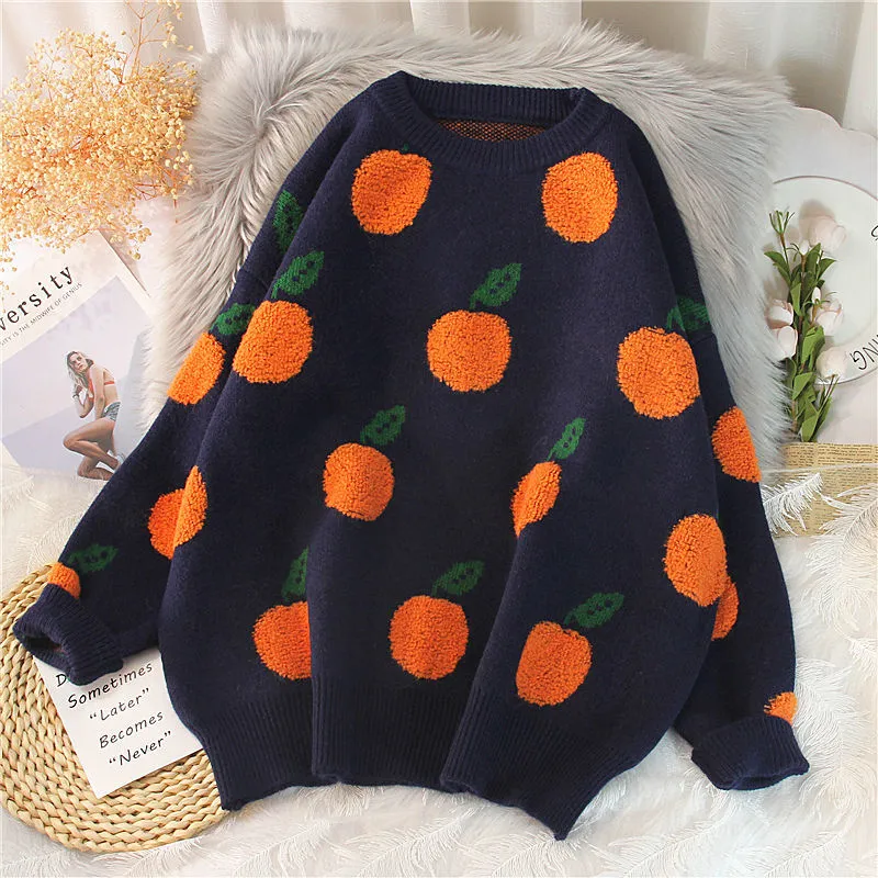Joskaa Christmas Gift EBAIHUI 2020 Autumn Winter Sweaters Pullover Cherry Pattern Long Sleeve Sweater Women Turtleneck Knitted Jumpers Sweater Mujer