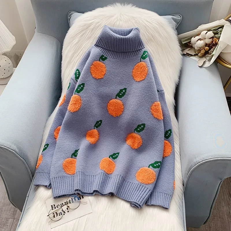Joskaa Christmas Gift EBAIHUI 2020 Autumn Winter Sweaters Pullover Cherry Pattern Long Sleeve Sweater Women Turtleneck Knitted Jumpers Sweater Mujer
