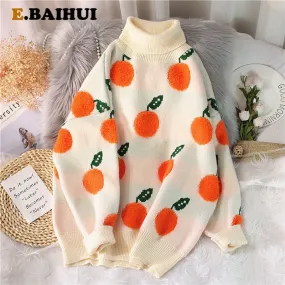 Joskaa Christmas Gift EBAIHUI 2020 Autumn Winter Sweaters Pullover Cherry Pattern Long Sleeve Sweater Women Turtleneck Knitted Jumpers Sweater Mujer