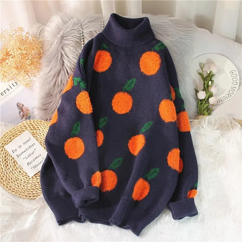 Joskaa Christmas Gift EBAIHUI 2020 Autumn Winter Sweaters Pullover Cherry Pattern Long Sleeve Sweater Women Turtleneck Knitted Jumpers Sweater Mujer