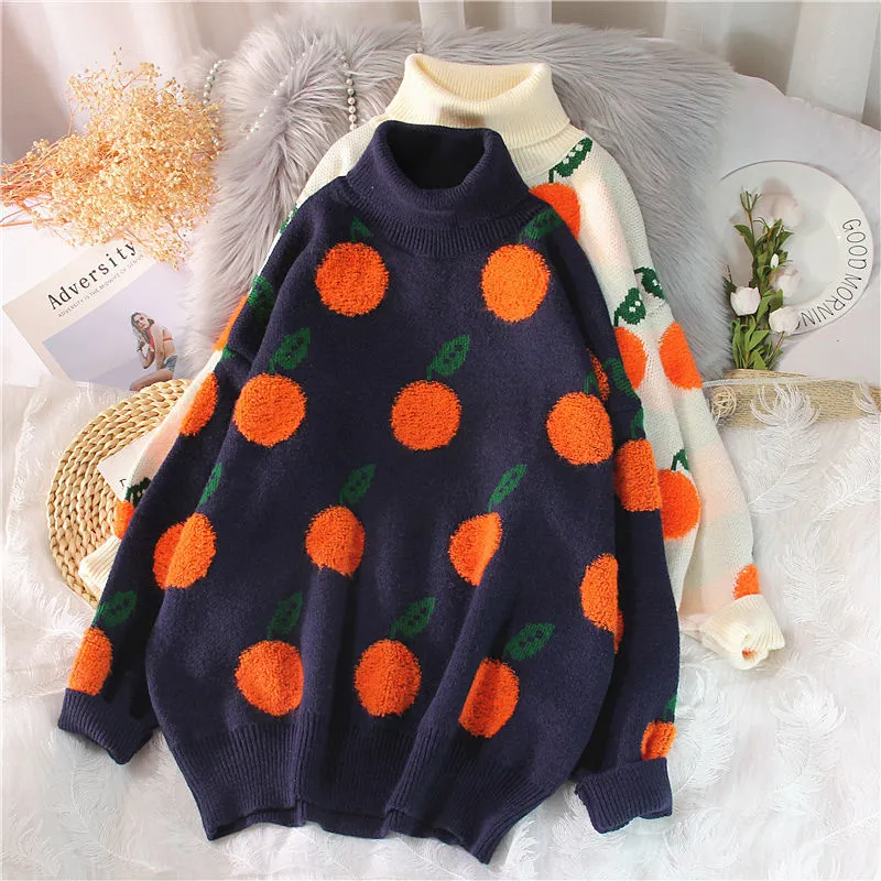 Joskaa Christmas Gift EBAIHUI 2020 Autumn Winter Sweaters Pullover Cherry Pattern Long Sleeve Sweater Women Turtleneck Knitted Jumpers Sweater Mujer