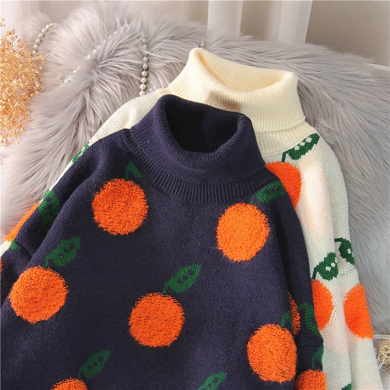 Joskaa Christmas Gift EBAIHUI 2020 Autumn Winter Sweaters Pullover Cherry Pattern Long Sleeve Sweater Women Turtleneck Knitted Jumpers Sweater Mujer