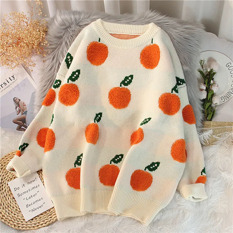 Joskaa Christmas Gift EBAIHUI 2020 Autumn Winter Sweaters Pullover Cherry Pattern Long Sleeve Sweater Women Turtleneck Knitted Jumpers Sweater Mujer