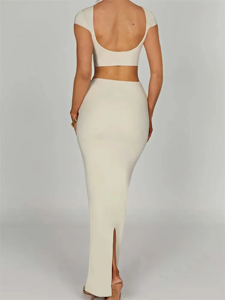 JuliaFashion - Summer Solid O-neck Short Sleeve Backless Basic T-shirts  Long Skirts Suits