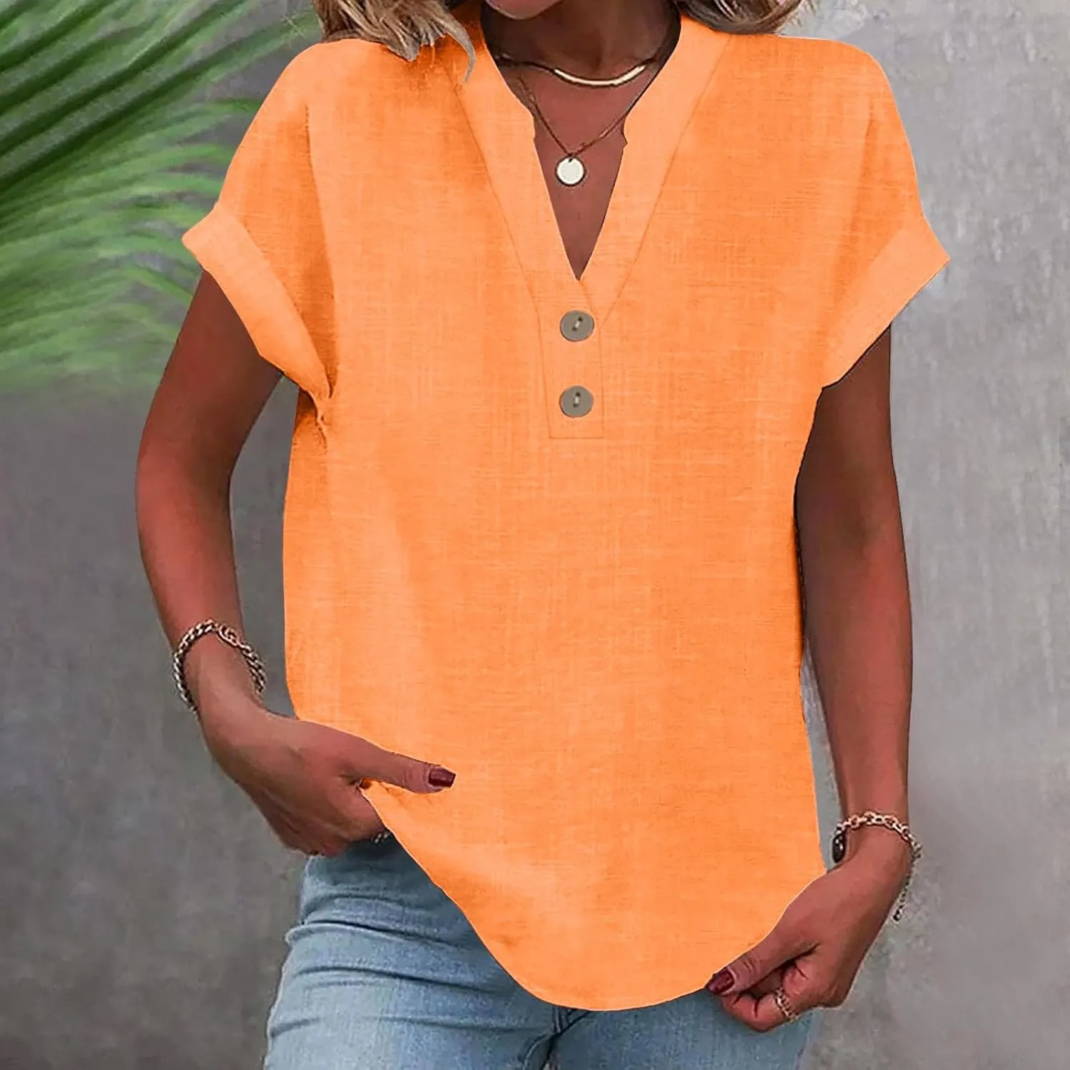 Linen Shirt for Women Summer Button Down Short Sleeve V Neck Tops Solid Color Comfy Blouses Casual Dressy Tunic Tees