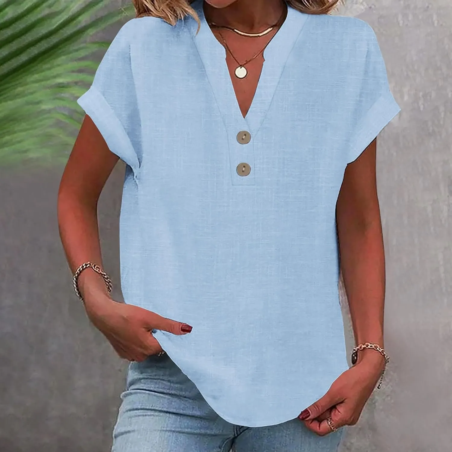 Linen Shirt for Women Summer Button Down Short Sleeve V Neck Tops Solid Color Comfy Blouses Casual Dressy Tunic Tees
