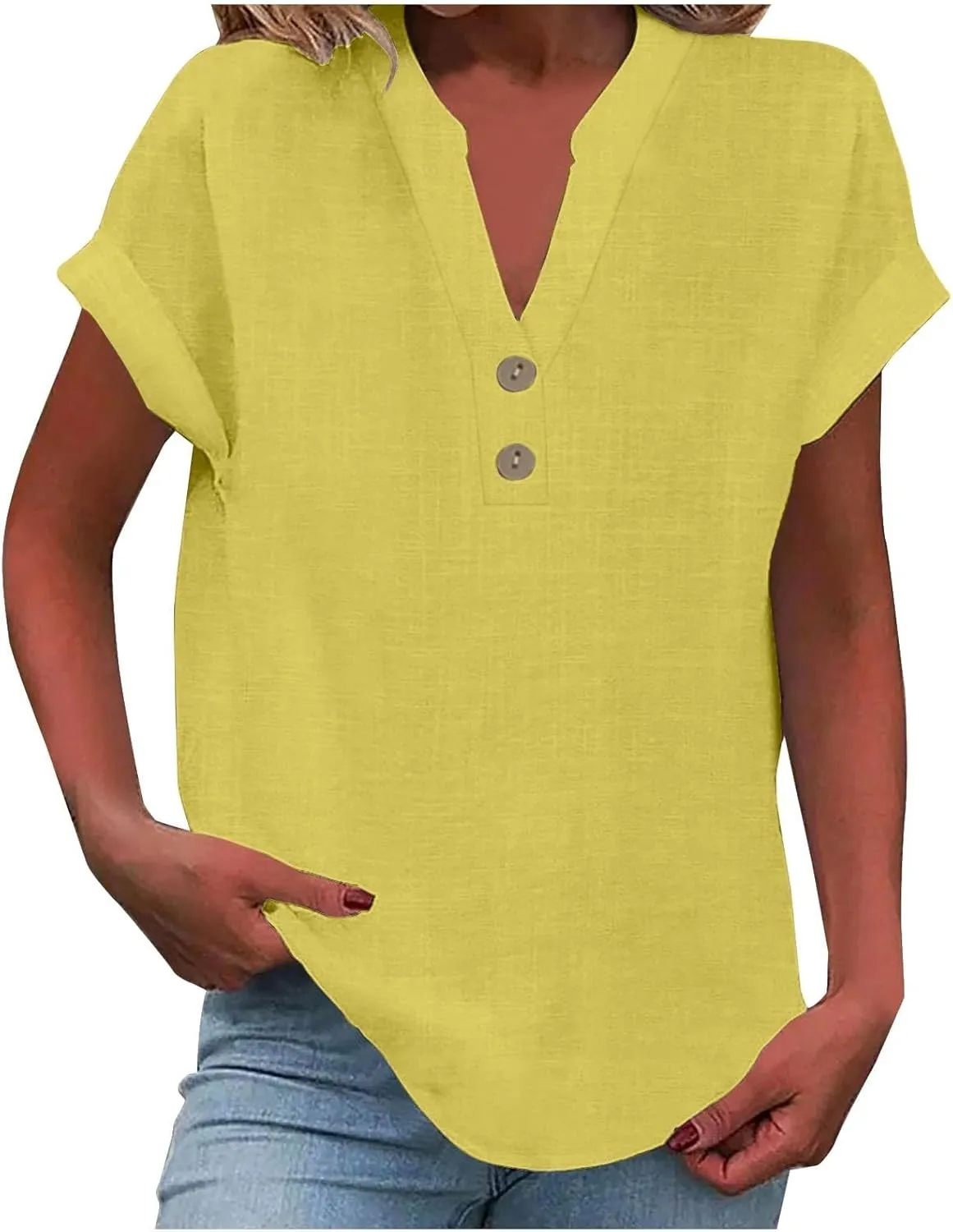Linen Shirt for Women Summer Button Down Short Sleeve V Neck Tops Solid Color Comfy Blouses Casual Dressy Tunic Tees