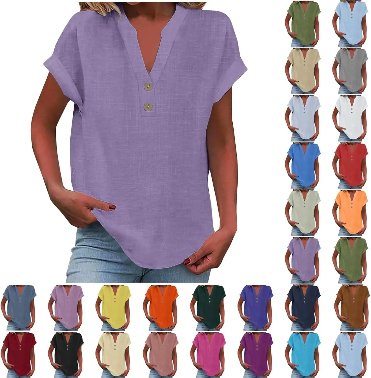 Linen Shirt for Women Summer Button Down Short Sleeve V Neck Tops Solid Color Comfy Blouses Casual Dressy Tunic Tees