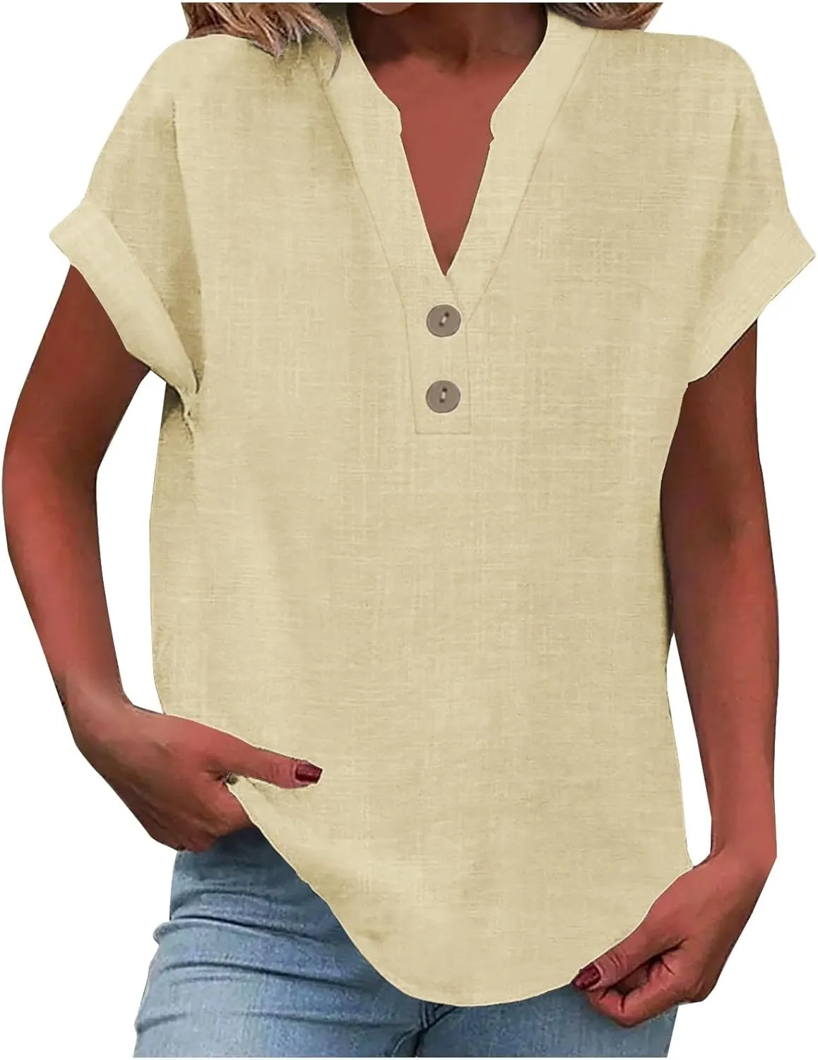 Linen Shirt for Women Summer Button Down Short Sleeve V Neck Tops Solid Color Comfy Blouses Casual Dressy Tunic Tees