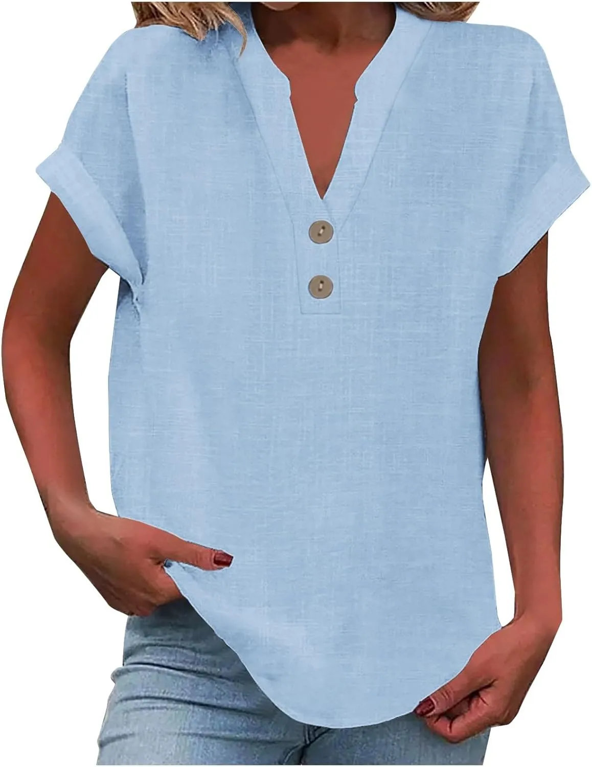 Linen Shirt for Women Summer Button Down Short Sleeve V Neck Tops Solid Color Comfy Blouses Casual Dressy Tunic Tees