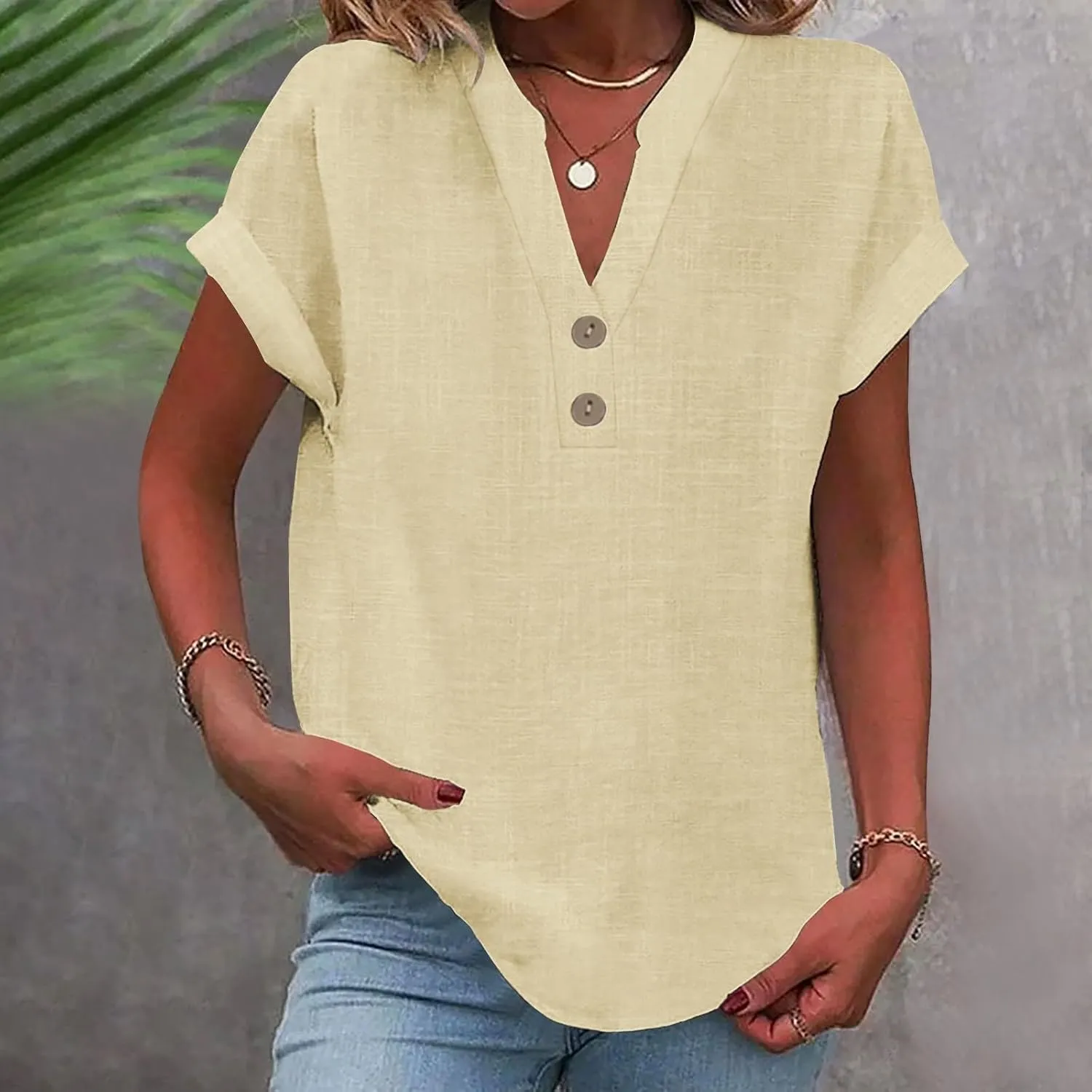 Linen Shirt for Women Summer Button Down Short Sleeve V Neck Tops Solid Color Comfy Blouses Casual Dressy Tunic Tees