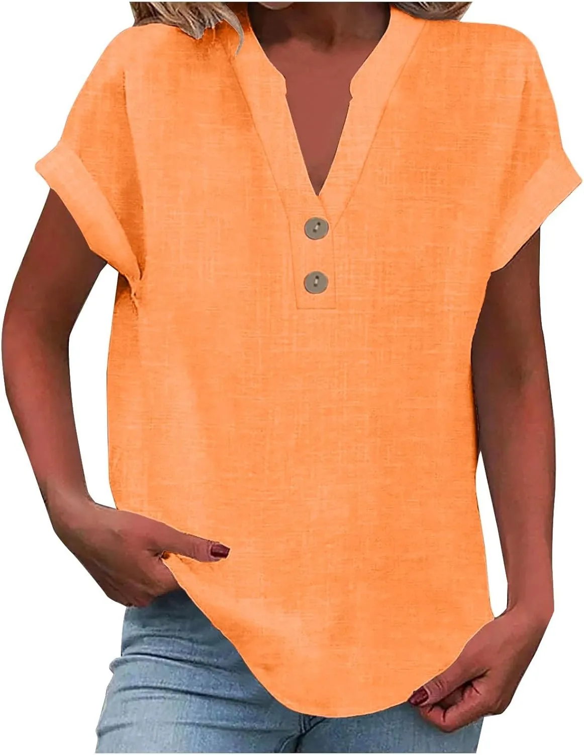 Linen Shirt for Women Summer Button Down Short Sleeve V Neck Tops Solid Color Comfy Blouses Casual Dressy Tunic Tees