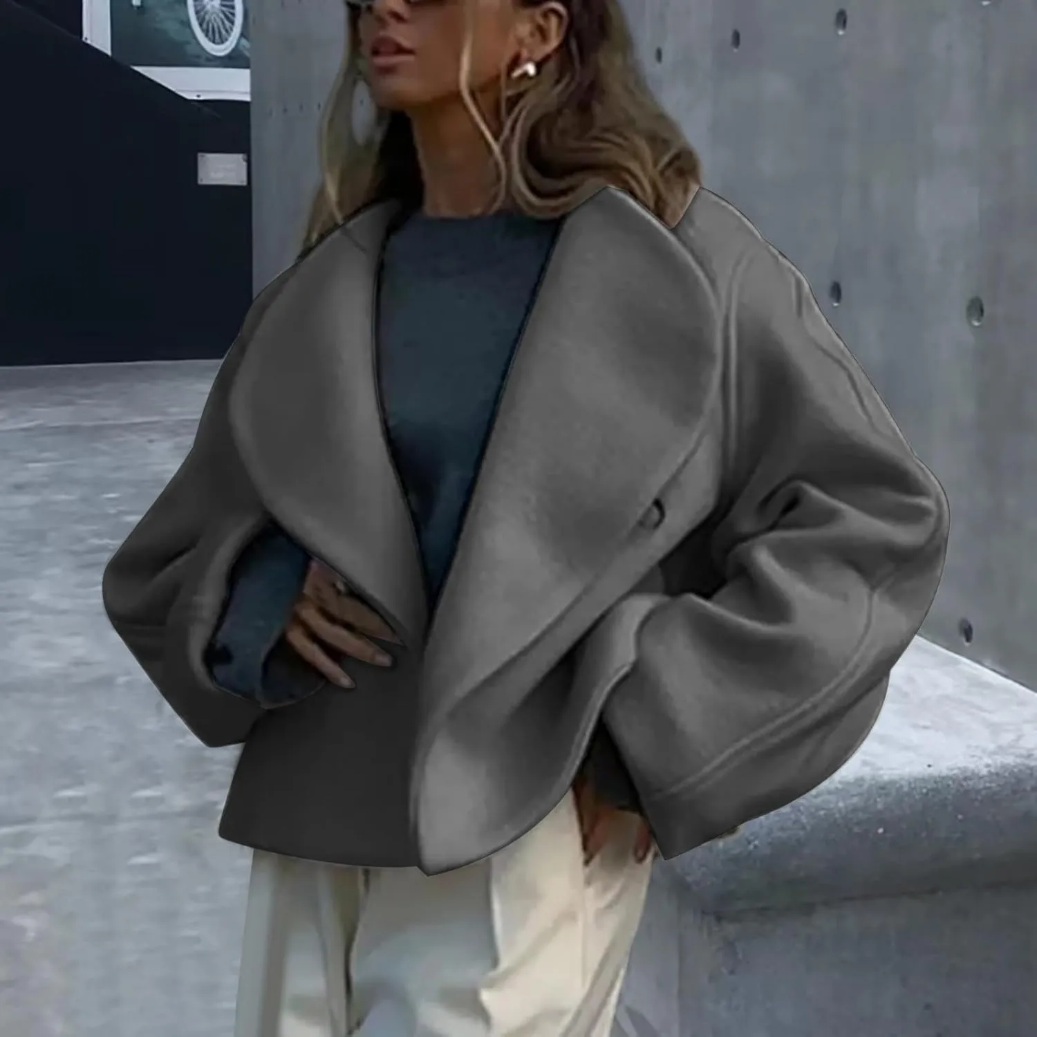 Lmdudan Women Cropped Pea Coat 2024 Winter Casual Jacket Classic Lapel Collar Open Front Fashion Loose Cardigan Outerwear