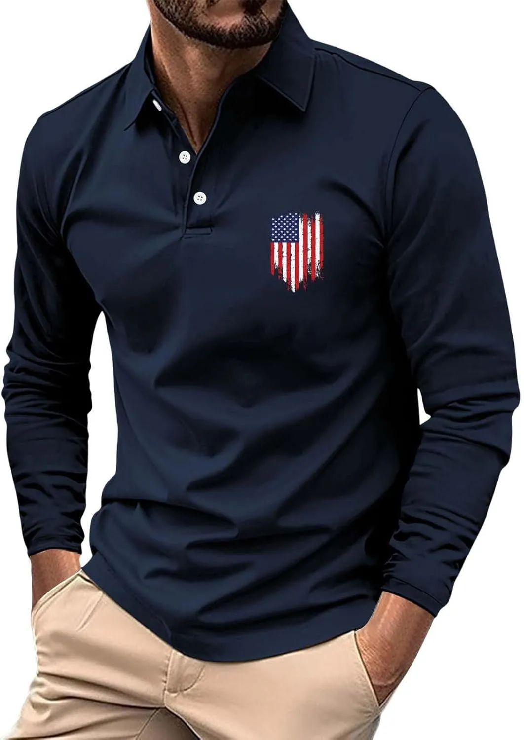 Long Sleeve Polo Shirts for Men Fashion America Flag Graphic Golf T Shirts Oversized Classic Work Office Pullover Top