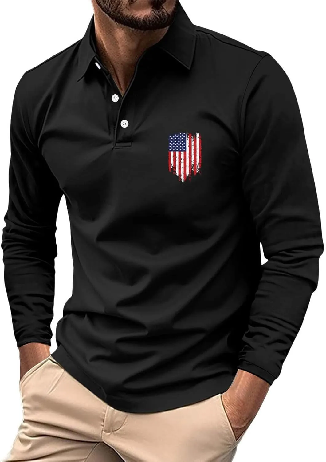 Long Sleeve Polo Shirts for Men Fashion America Flag Graphic Golf T Shirts Oversized Classic Work Office Pullover Top