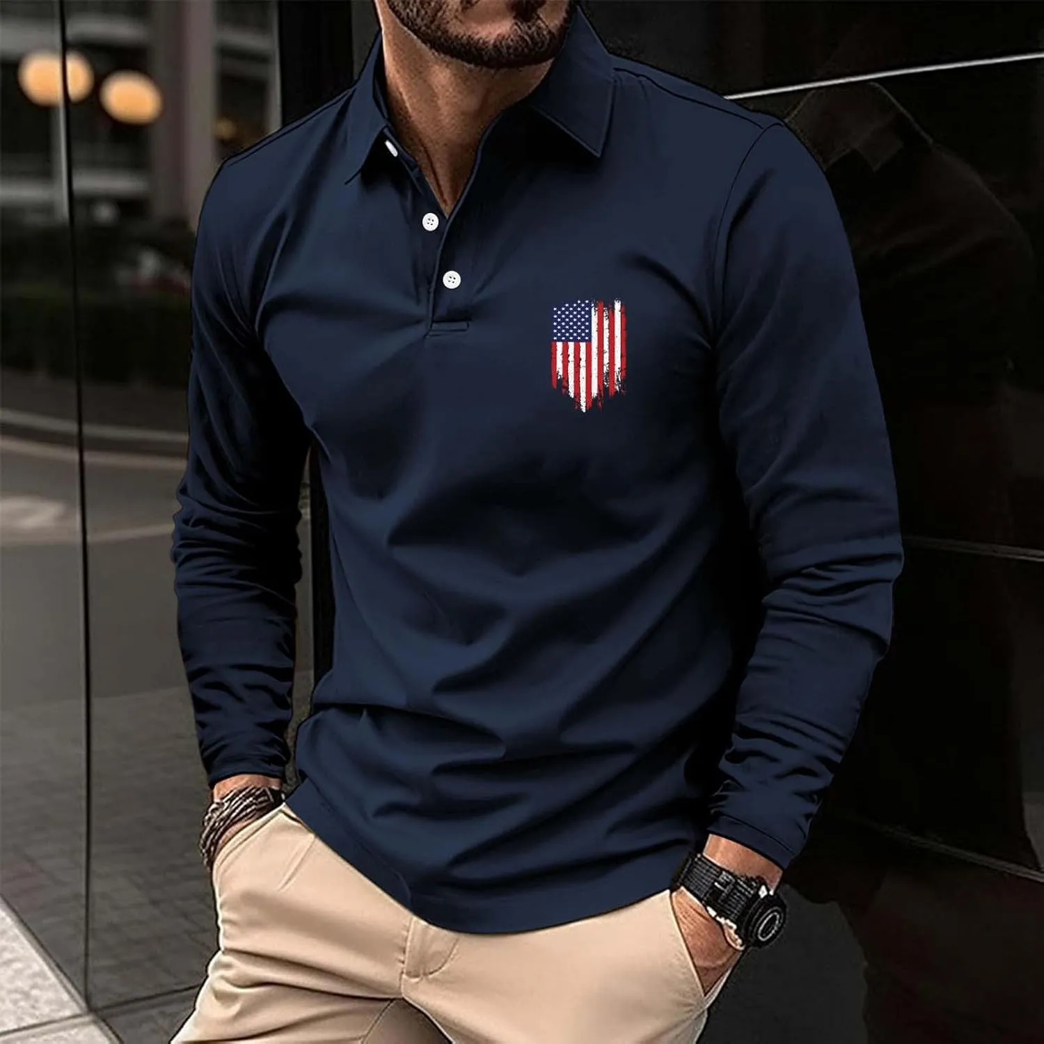 Long Sleeve Polo Shirts for Men Fashion America Flag Graphic Golf T Shirts Oversized Classic Work Office Pullover Top